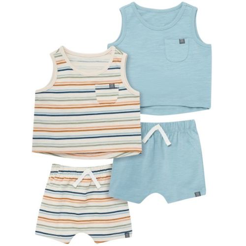 Modern Moments™ by Gerber Baby Boys' 4-Piece Sleeveless Shirt and Shorts Set, Beige Stripe/Md Teal, 3-6M