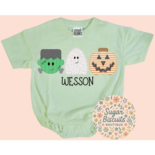 Halloween baby romper, Frankenstein ghost pumpkin outfit, personalized baby boy romper, fall baby outfit, embroidered halloween bubble