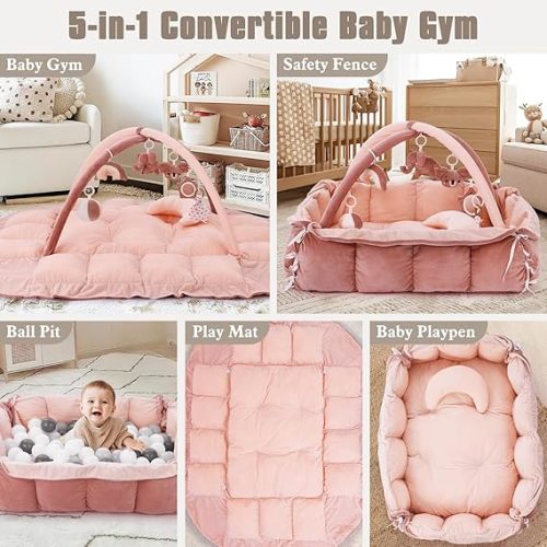 5-in-1 Plush Baby Play Gym & Activity Mat, Baby Play Mats, Baby Gym with Convertible Design, Tummy Time Mat with Pillow, 6 Sensory Toys for Newborn to Toddler, Pink