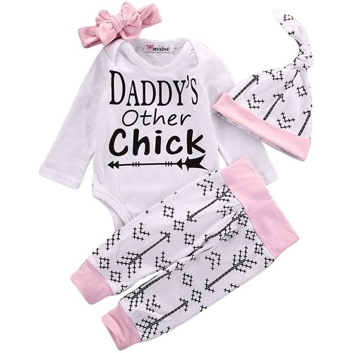 Newborn Infant Baby Girls Clothes Long Sleeve Letter Romper Arrow Heart Pants Hats Headband 4Pcs Outfits Set