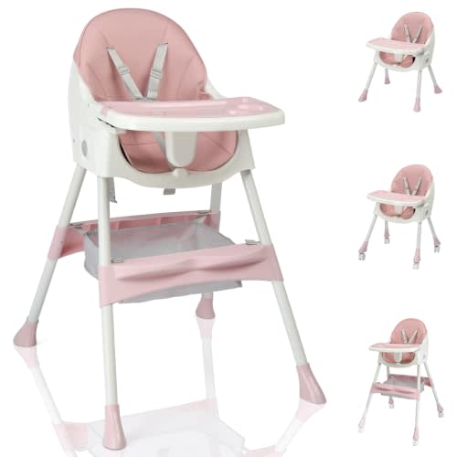 Ktaxon Foldable Baby High Chair, 3-in-1 Portable Toddler Highchair, Pink | Convertible High Chairs with 5-Point Safety Harness, Easy to Clean Tray, Storage Bag, For Babies & Toddlers, Home Travel