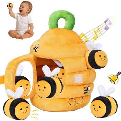 Baby Toys 6-12 Months- Baby Soft Beehive Toy with 5 Sensory Bees Soft Plush Montessori Toy with Rattles, Crinkle & Mirror Gift for 1 Year Old Boys & Girls Shower & First Birthday Present(Yellow)