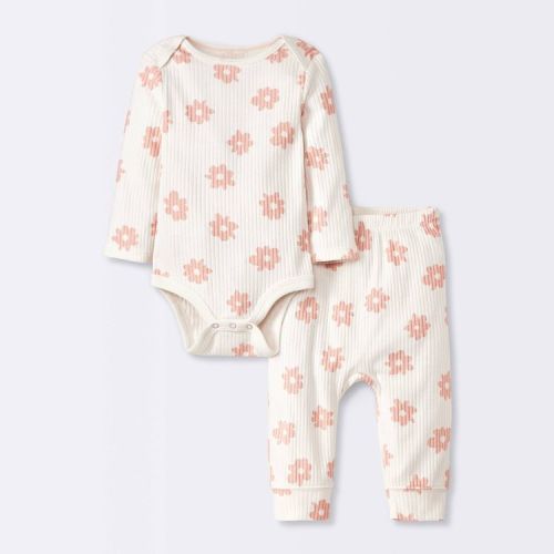 Baby 2pc Floral Wide Ribbed Top & Bottom Set - Cloud Island™ Cream Newborn: Cotton Botanical Outfit