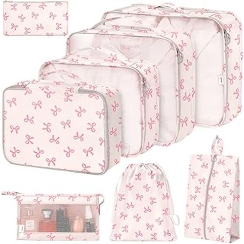 8 Set Packing Cubes for Suitcases,Suitcase Organizer with Shoe,Cosmetics,Clothing, and Accessories Bags for Travel Luggage Organizer Women Men(Pink Bows)