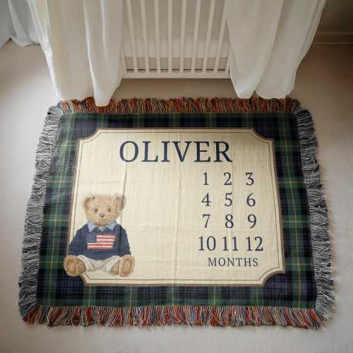 Personalized Baby Boy Milestone Blanket Teddy Bear Customized Name Blanket Growth Chart Month Tracker Newborn Gift for New Mom
