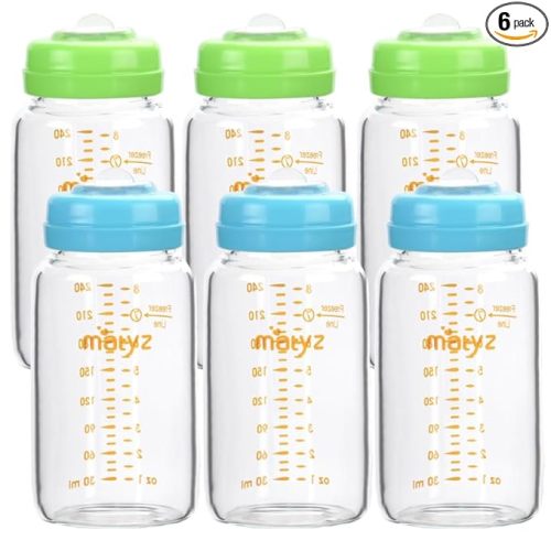 Matyz Glass Breastmilk Storage Bottles, 6 Pack, 8 oz, Compatible with Spectra Medela Pump - Store, Freeze, Warm Up Milk Well - Large Breastmilk Storage Containers - No BPA (3 Green & 3 Blue Lids)