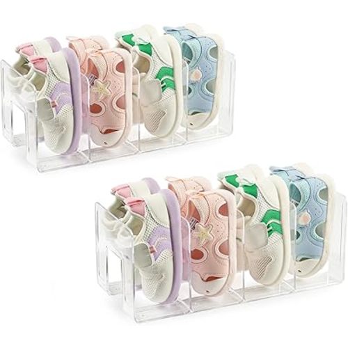 Clear Acrylic Kids Shoe Rack for Closet Organizers and Storaget, Baby Shoe Storage Small Shoe Rack 4 Sections Kids Shoe Organizer Stackable,Desk File Sorter Book Purse Organizer 2PC