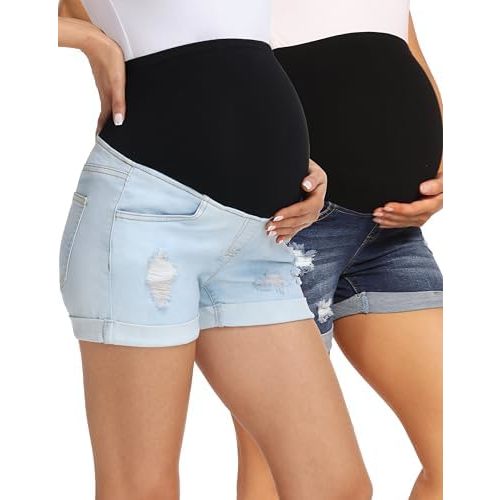 V VOCNI Maternity Denim Shorts Women's Summer High Waist Distressed Cuffed Hem Casual Denim Jean Shorts