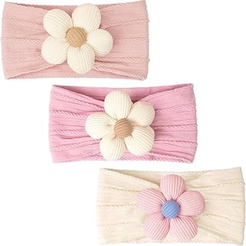 CÉLLOT 3 Pcs Baby Girl Headbands with Flower Nylon Headbands Soft Stretchy Headwear Hair Accessories for Newborn Infant Toddler Kids (Pink Beige Salmon)