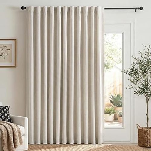 100% Blackout Shield Linen Blackout Sliding Door Curtains for Living Room, Back Tab/Rod Pocket Thermal Insulated Curtains for Sliding Glass Doors, 1 Panel Set, 100" W x 84" L, Cream