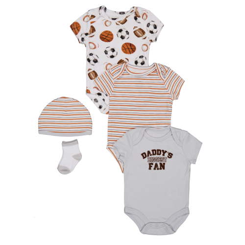 Baby Essentials Boys' Sport Bodysuits, Hat and Socks Set Color: multi Size: 0 months.