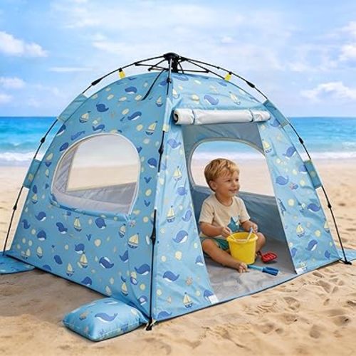 Baby Beach Tent Pop Up Sun Shelter with UPF 50+ UV Protection, Silver-Coated Interior, Breathable Mesh Ventilation, Easy Setup, Wind-Stable Beach Shade for Infants & Toddlers