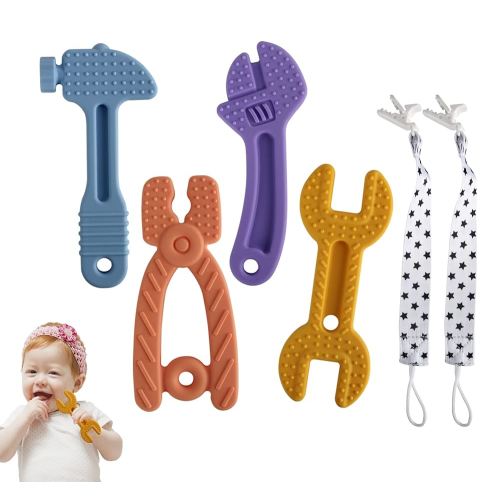 Chuya Baby Teether Toys, Chew Toy for Babies 3-12 Months, Baby Teething Toys Teething Relief for Infant Toddlers, Hammer Wrench Easy to Hold Silicone BPA-Free (4 Pack)