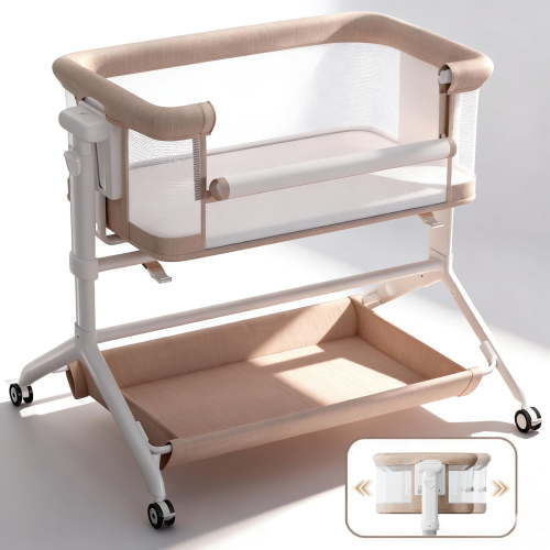 Baby Bassinet, Caveen Roacking Bassinet for Baby, Bedside Sleeper with Breathable Full-Mesh and Mattress, 6 Height Adjustable, Portable Bedside Crib for Infants,Beige