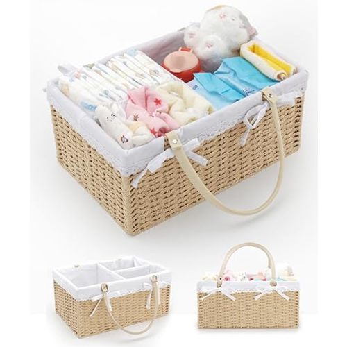 Large Baby Diaper Caddy Basket - Wicker Paper Rope Storage Baskets Portable Woven Car Organizer for Diapers With Cotton Divider Brown