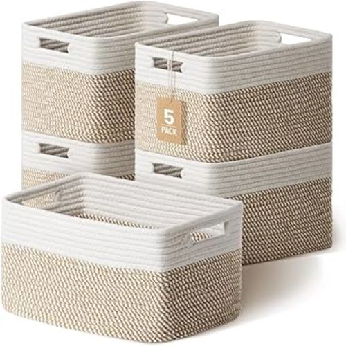 5 Pack Woven Storage Baskets for Shelves, Decorative Basket Organizer Storage Bins for Toys, Books, Clothes, Closet, Nursery, Bathroom – Cotton Rope Shelf Baskets for Organizing, Khaki & White