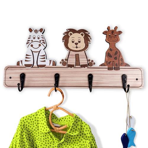 Kids Toddler Coat Hat Rack -13.7" Long Nursery Wood Colorful Cute Animal Wall Hooks Mount for Kids Room