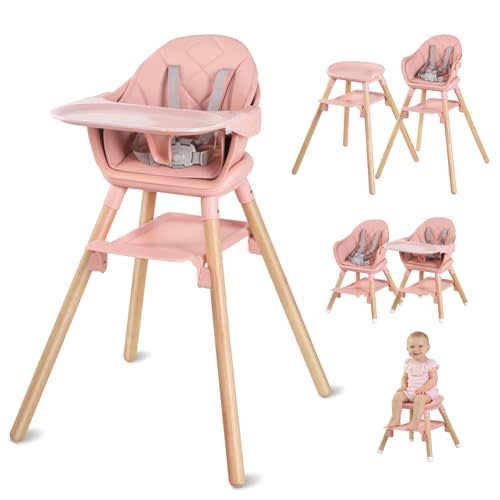 6 in 1 Baby High Chair,Convertible Wooden Baby Girl High Chair,Pink | Booster Seat for Babies and Toddlers, Baby Feeding Chair with 5-Point Harness, Double Removable Tray & Adjustable Footrest