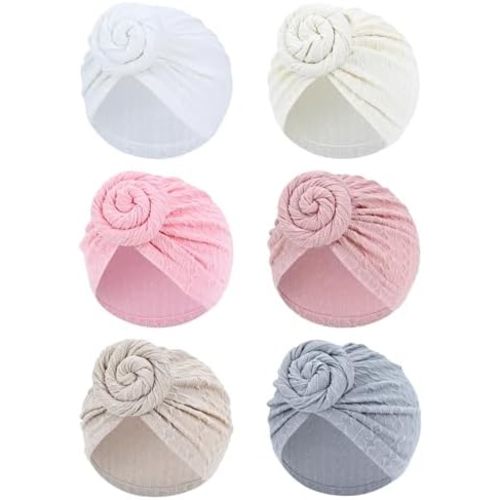 Cinaci 6 Pack Nursery Hospital Caps Bonnets Beanies Headwraps Turban Hats with Bow for Baby Girls Newborns Infants Toddlers