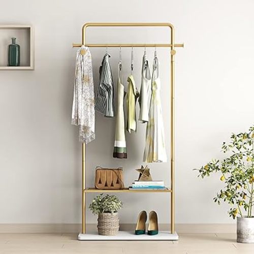 TIEOU Gold Clothing Racks with Shelf, Heavy Duty Gold Clothes Racks for Boutiques, Free-Standing Metal Garment Rack for Hanging Clothes, Modern Coat Rack Entryway
