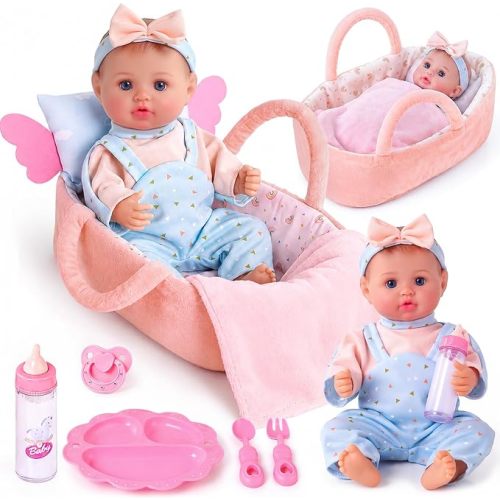 12 Inches Baby Doll Set with Bassinet, Feeding & Caring Accessories