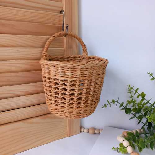 Hanging Wall Basket with Handle - Small Wicker Planter or Kitchen Organizer