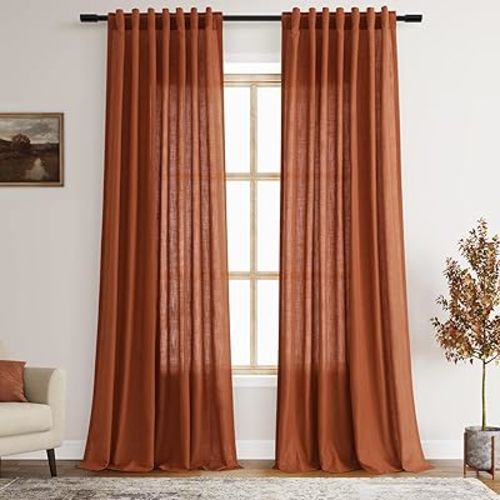 Rust Linen Curtains 90 inches Long 2 Panel Back Tab Rod Pocket Rustic Farmhouse Boho Linen Curtain for Dining Room Brick Burnt Bohemian Fall Decor Terracotta Colored Semi Sheer Curtains 90 inch Length