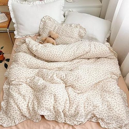 BuLuTu Vintage Floral Design Kids Duvet Cover Twin Cottage Camellia Print Comforter Cover with Ruffles Soft Muslin Cotton Quilt Cover for Girls Boys, Zipper & Corner Ties, No Pillowcase