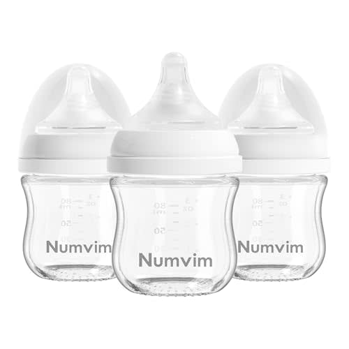 Numvim Natural Glass Baby Bottles Gentle & Extra Slow Flow, Newborn Breastfeeding Bottle with Anti Colic Nipple for 0 Months Babies, 3 Packs (White (3 Ounce), 1 Count (Pack of 3))