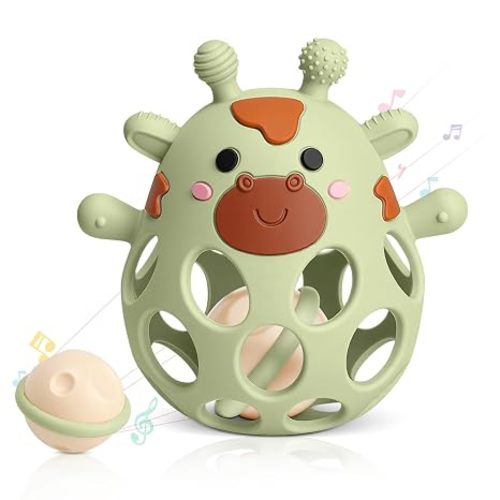 2-in-1 Baby Teething Rattle Toys, Silicone Teethers for 3-6 6-12 Months | BPA Free, Easy Grasping, Giraffe Shaped, Baby Chew Toys for Teething Relief, Infants Newborns Toys, Baby Shower Gifts