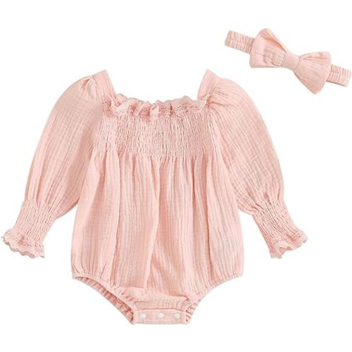 farrubbyine8 Baby Girl Outfit Cute Floral Romper Long Sleeve Ruched Bodysuit Comfy Outfits Baby Girl Clothes