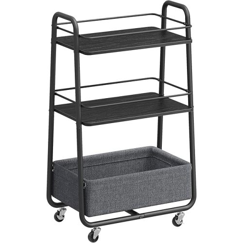 VASAGLE LILEA Collection - Storage Cart with Fabric Basket, 3-Tier Rolling Utility Cart with Wheels and Shelves, for Living Room Bedroom Kitchen, Ebony Black and Slate Gray ULRC001BE02