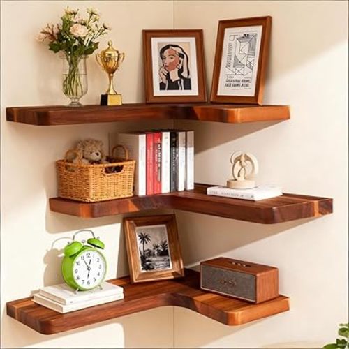 Floating Corner Shelves, Wall Shelf Set of 3, Shelves for Wall Storage, Solid Wood Shelves for Storage, Wall Mount Wooden Display Shelf for Bathroom Bedroom Kitchen Garage (Acacia, 3pcs)