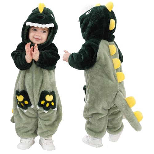 LOLANTA Unisex Baby Dinosaur Costume Fleece Hooded Animal Rompers One Piece Snowsuit