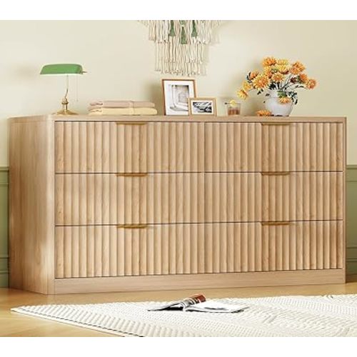 TEENFON Fluted 6 Drawer Dresser for Bedroom, Wide Modern Chest of Drawers with Metal Handle, Curved Profile Design, Wood Closet Clothes Storage Organizer for Bedroom, Living Room, Hallway, Natural