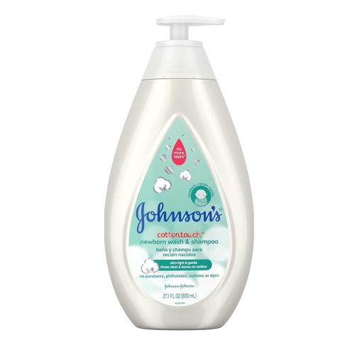 Johnson's CottonTouch Newborn Baby Wash & Shampoo with No More Tears, Sulfate-, Paraben- Free for Sensitive Skin, Made with Real Cotton, Gently Washes Away Dirt & Germs, 27.1 fl. oz