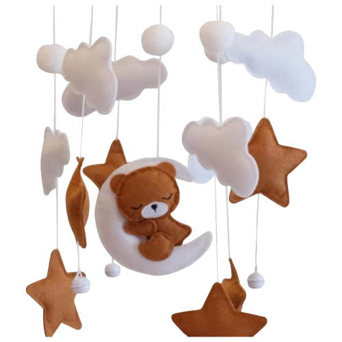 Eqslft Baby Crib Mobile, Neutral Bear Moon Star Felt Mobile, Handmade Hanging Nursery Decor for Boys and Girls, Brown & White Color Scheme