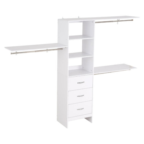 Latitude Run® Closet System with 3 Drawers, Adjustable Height Wooden Closet Organizers, Modern Walk-in Wardrobe Organization with 3 Retractable Clothes Hanger Rods, Freestanding Garment Rack Storage, White | Wayfair