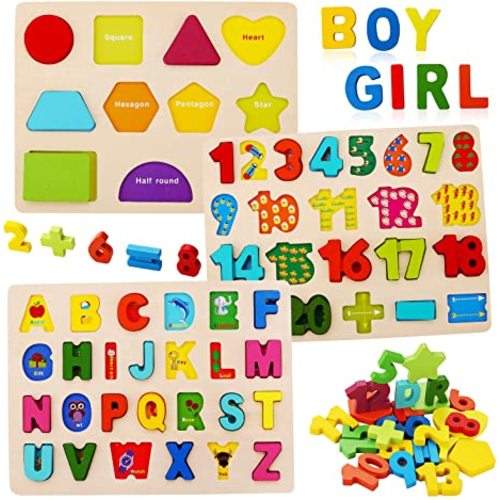 Wooden Puzzles for Toddlers, Kesletney Wooden Alphabet Number Shape Learning Puzzles for Kids, 3 in 1 Montessori Preschool Educational Toys for Boys Girls Ages 3 4 5 Years Old