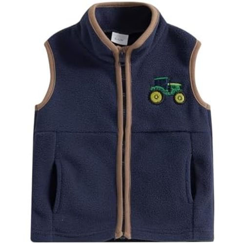 Baby Boy Fleece Coat Vest Sleeveless Stand Collar Zip Up Jacket Tractor Embroidery Fall Winter Outwear