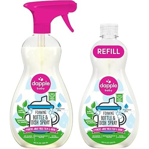 Dapple Baby Bottle & Dish Foaming Power Spray, Hypoallergenic Dish Soap for Baby Bottles, Powered by Plants, Fragrance Free, 16.9 Fl Oz (Pack of 2)