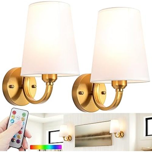 Battery Operated Set Of 2 Rechargeable Wall Sconce 7 Color RGB USB Charging Up To 50 Hours Use Time, Fabric Wireless Wall Sconce Not Hardwired For Bedroom Living Room (Color: Brass)