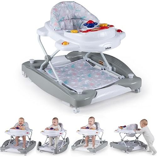 INFANS Baby Walker, 5 in 1 Behind Walker Learning Seated Rocker Bouncer with Removable Music Tray, Adjustable Height, Washable Seat Cushion, Foldable Activity Center for Toddlers (Light Gray)