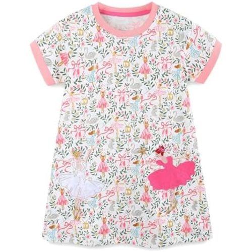 FreeLu Girls' Cotton Short Sleeve Dresses Cute Stripe Cartoon Patterned Casual Sundress