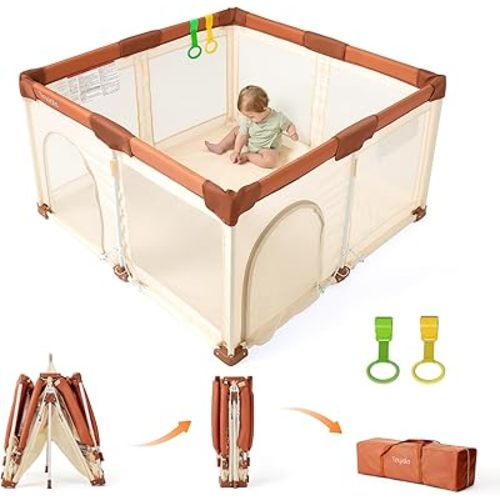 Tinyiota Foldable Baby Playpen, 50x50 Inch Portable Play Yard for Babies and Toddlers with Soft Breathable Mesh, Storage Bag & 2 Pull-Toy Handles for Indoor & Outdoor (Brown, 50x50)