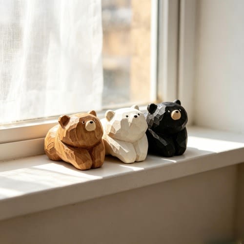 Hand Carved Wooden Bear Set, Woodland Animal Figurines, Cute Forest Bear Decor, Montessori Waldorf Nursery Toy, Rustic Desk Shelf Decor