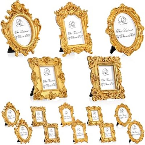 Maitys 15 Pcs Mini Picture Vintage Frames Tiny Antique Photo Baroque Ornate Resin Oval Frame Table Top Display Home Wedding Decor (Gold)