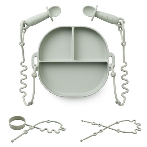 Andy Bear Silicone Plates for Babies with Suction Divided Baby Spoons Silicone Baby Toy Straps All-in-one Plates Silicone Placemat for Babies Toddlers Attachable Tethers & Built-in Suction Cups-Sage