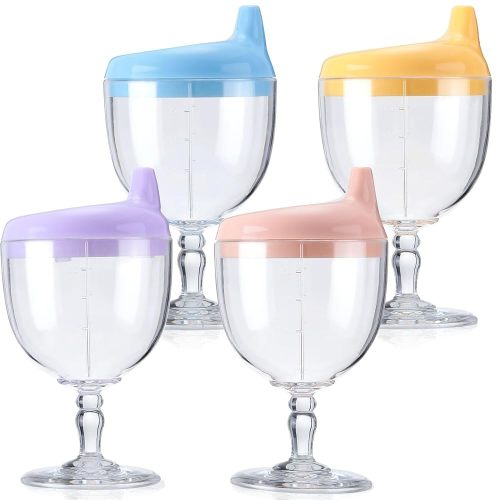 4 Pcs Baby Wine Sippy Cup Goblet Plastic Wine Glass Sippy Cup Beverage Mug Milk Bottles with Lid Baby Stemware for Toddlers Kids Birthday Christmas Party Celebration, Blue, Pink, Yellow, Purple