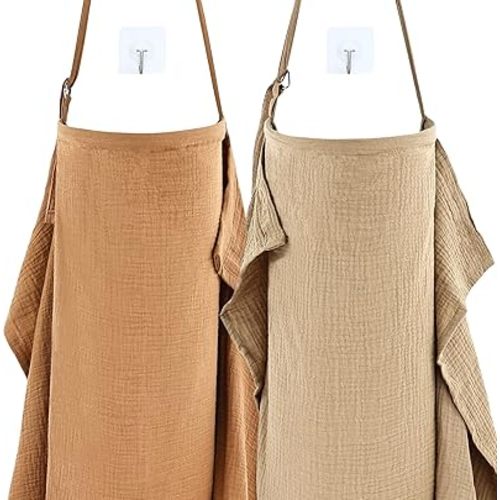 Cinaci 2 Pack Pure Cotton Muslin Lightweight Breathable Breastfeeding Nursing Cover Blankets with Adjustable Metal Clasp (Camel+Khaki)